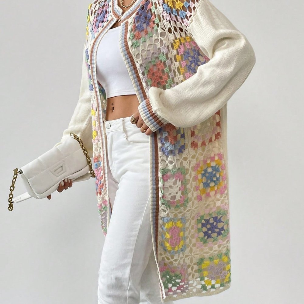 Apricot Casual Womens Geo Pattern Drop Shoulder Open Front Cardigan - Picture 5 of 5